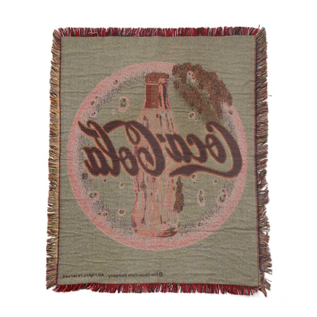 Coca-Cola / Vintage, Woven Tapestry Fringe Throw Blanket Rag "Circle, Grass Bottle"