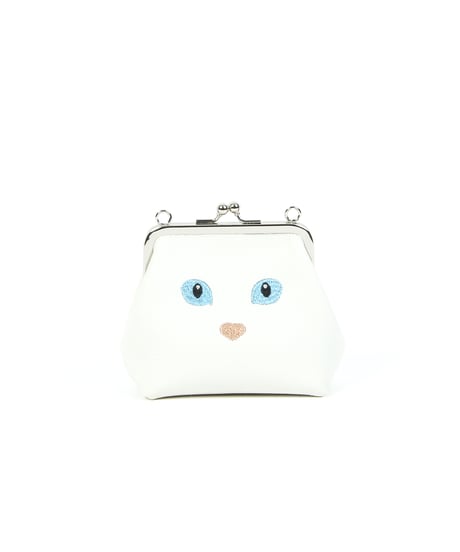 【B-23516】BEAURE カウレザー 黒ネコ刺繍 がま口ポシェット