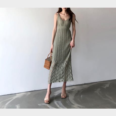 透け編みロングワンピース