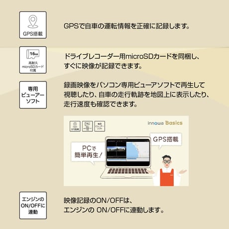 innowa Basics D イノワ ベーシック 前後2カメラ ドライブレコーダー 電源直結モデル