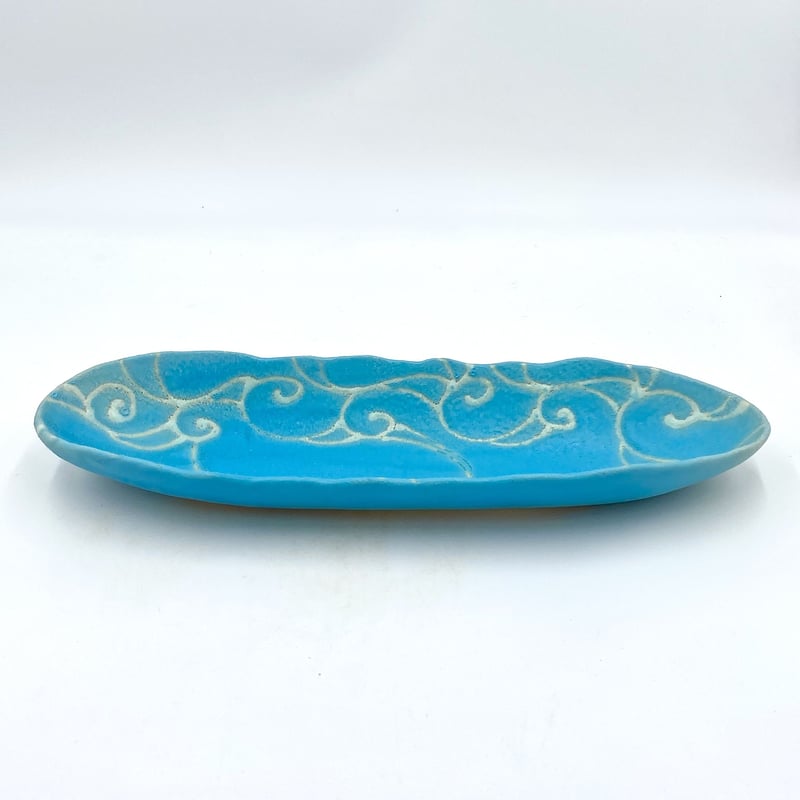 沖縄の陶器・やちむん】 眞正陶房 舟形皿 アラベスク ターコイズ