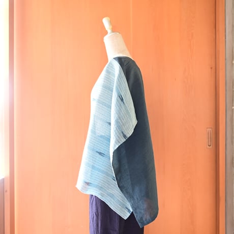 期間限定販売【沖縄の琉球藍染織物】　花藍舎　プルオーバー　絣モダーン  ブルーグリーン