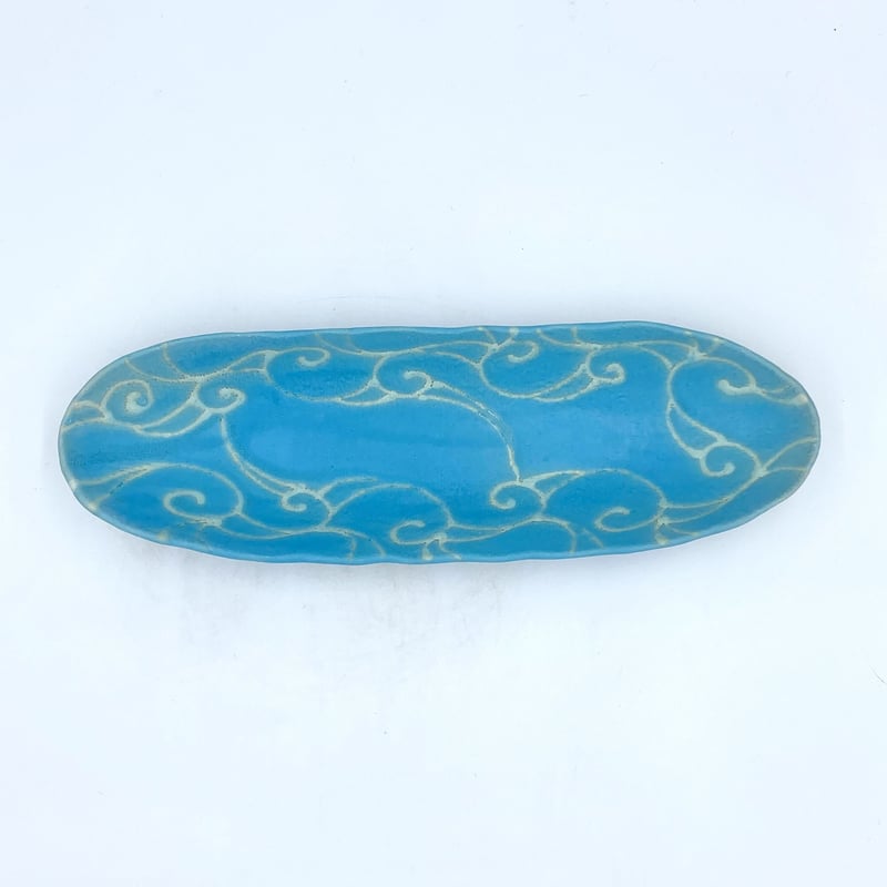 沖縄の陶器・やちむん】 眞正陶房 舟形皿 アラベスク ターコイズ