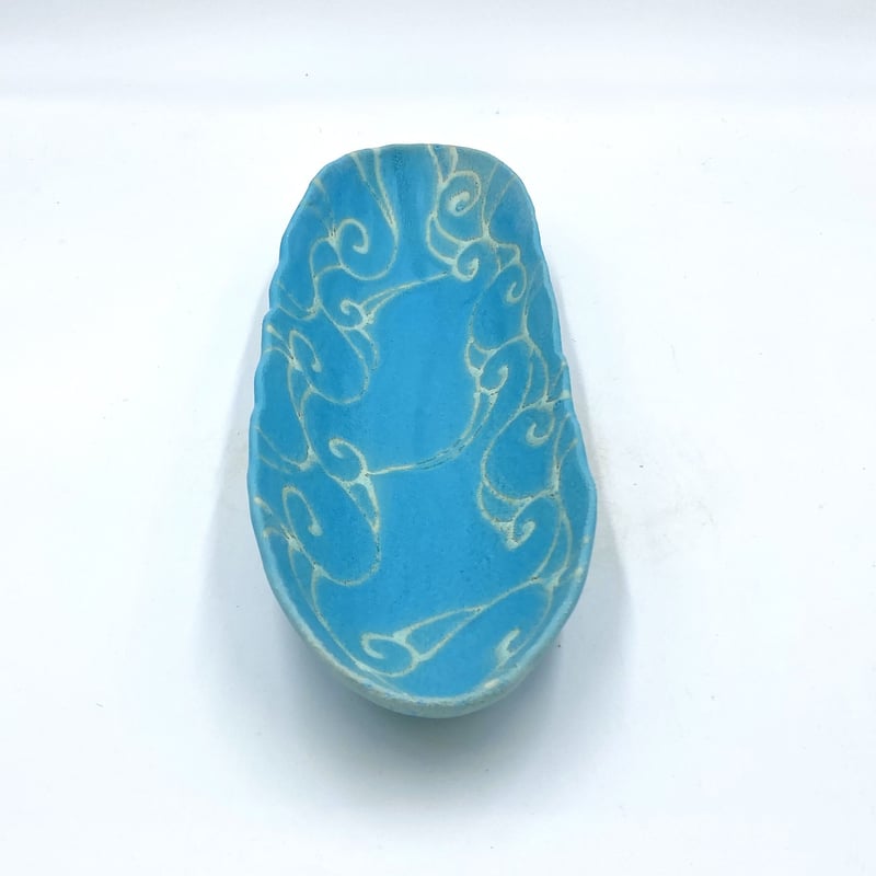 沖縄の陶器・やちむん】 眞正陶房 舟形皿 アラベスク ターコイズ