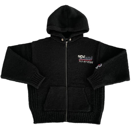 Hand Knit Zip Up Hooded Sweater (BLACK)