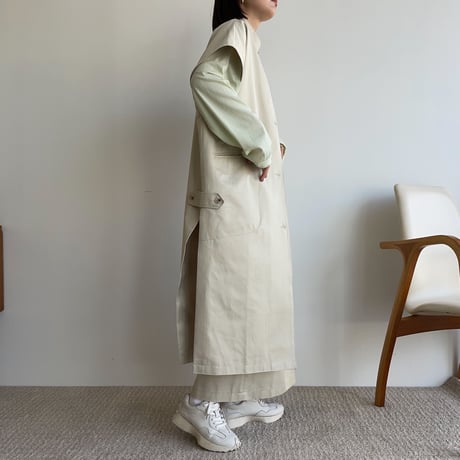 【nokcha original】twill slit long vest/ivory_no0204