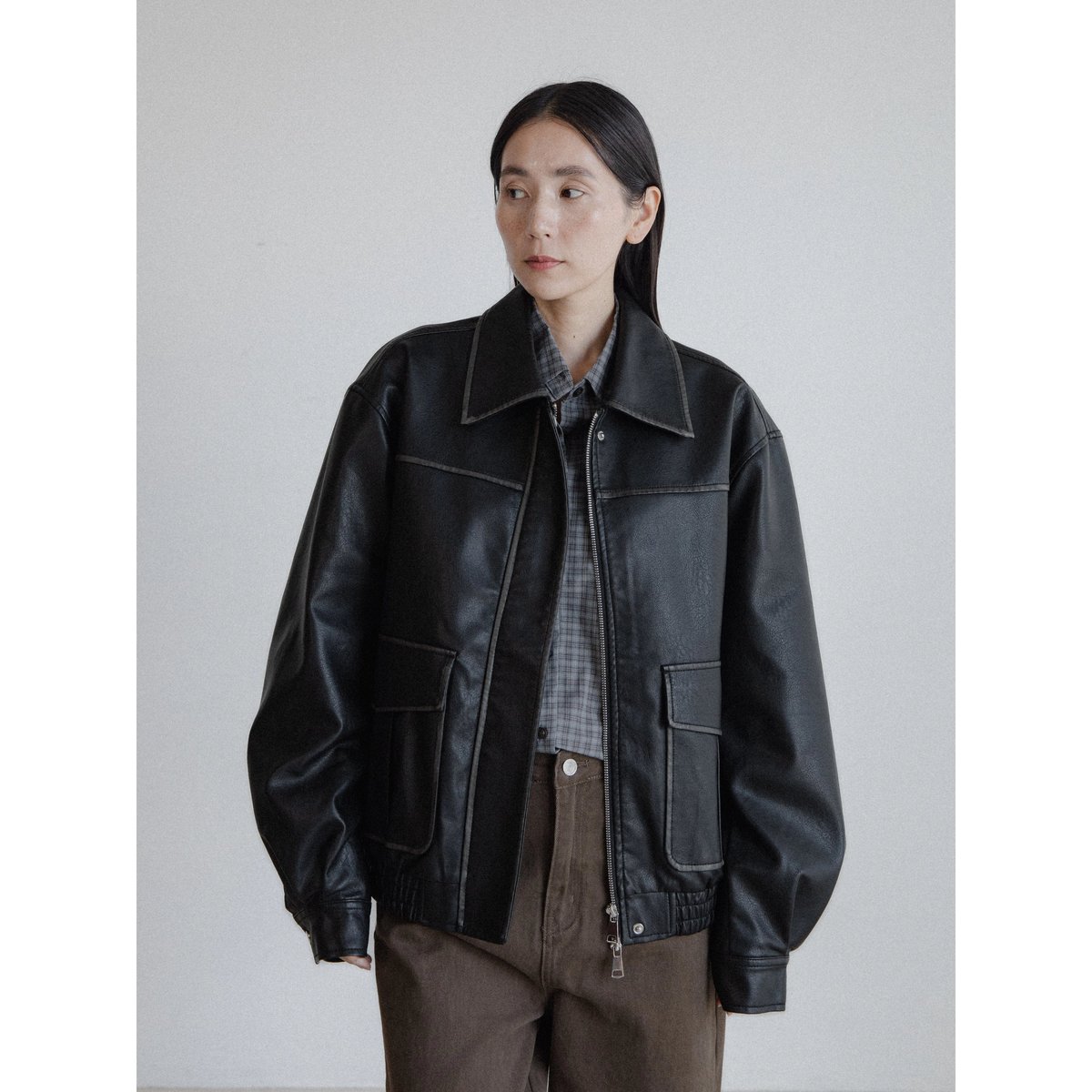 予約販売》vintage like fake leather jacket/2colors