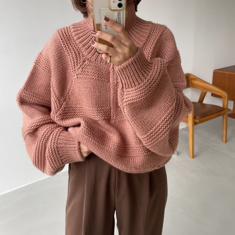 【nokcha original】zip up over knit/pink_nt1185
