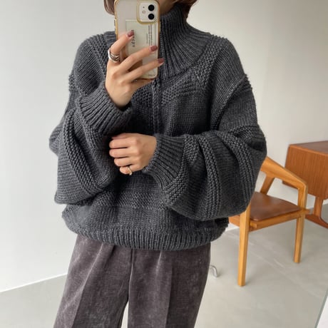 【nokcha original】zip up over knit/charcoal_nt1184
