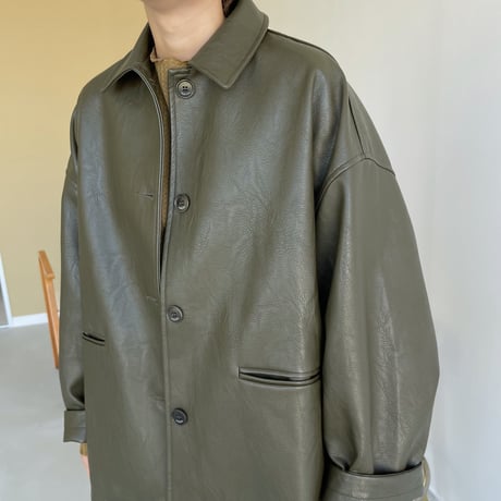 【nokcha original】eco leather over jacket/deep khaki_no0164