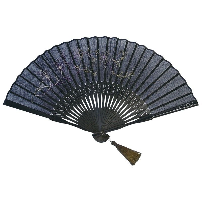 沈み彫り親骨＋刺繍扇子インタリオ ＜更紗・（ブラック）＞SS02-4