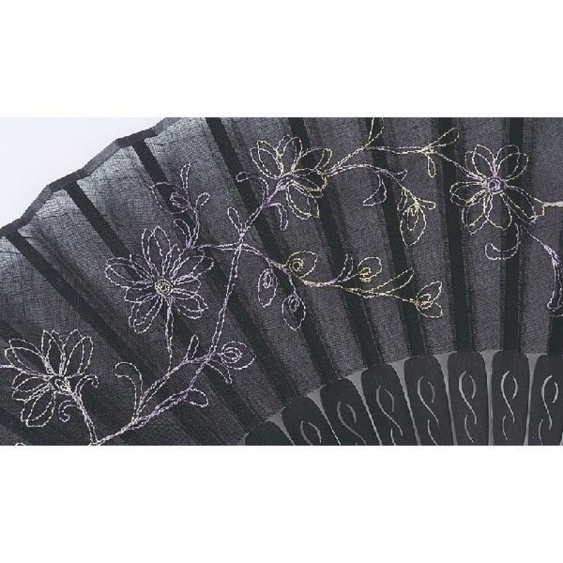 沈み彫り親骨＋刺繍扇子インタリオ ＜更紗・（ブラック）＞SS02-4