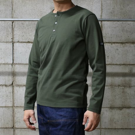 HOFI-051 スーピマ超長綿強撚ヘンリーネック長袖Ｔシャツ：カーキグリーン