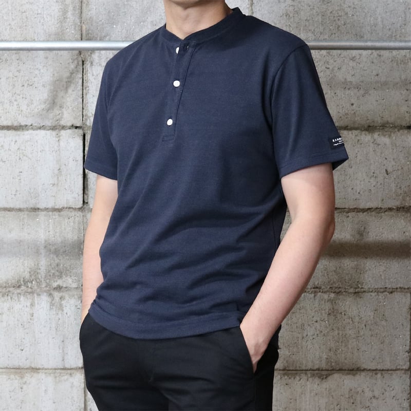 HOFI-033 リネンコットン ヘンリーネックTシャツ：ネイビー | 東大阪