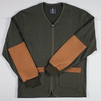 HOFI-048-Ｌ メイドイン東大阪のカーディガン（レザーパーツバージョン）：オリーブ＋ブラウン