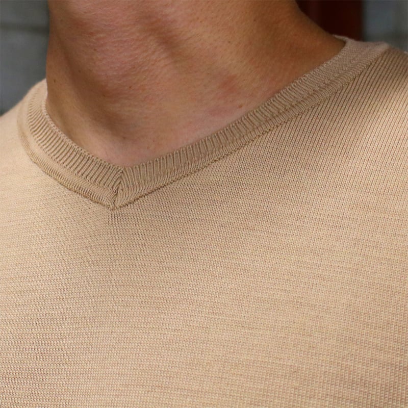 HOFI-046 18.5μmウール Vネックセーター：キャメル | 東大阪繊維研究所