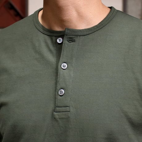HOFI-051 スーピマ超長綿強撚ヘンリーネック長袖Ｔシャツ：カーキグリーン