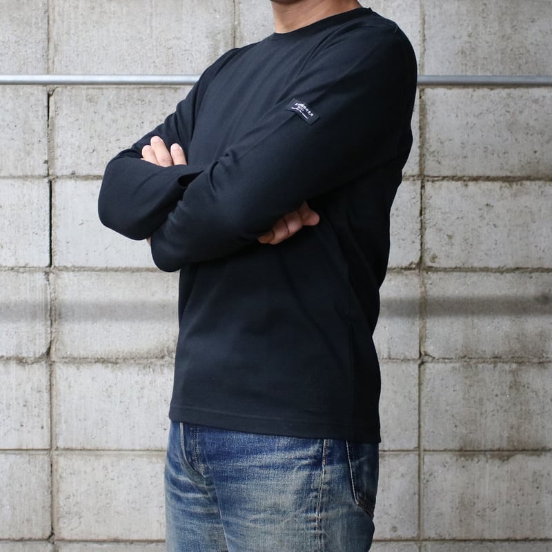HOFI-023R-emb オーガニック超長綿 タック襟長袖Tシャツ：ブラック