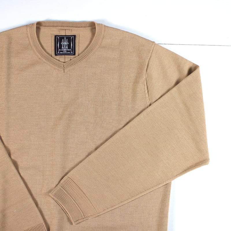 HOFI-046 18.5μmウール Vネックセーター：キャメル | 東大阪繊維研究所
