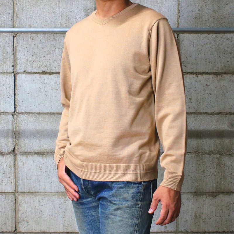 HOFI-046 18.5μmウール Vネックセーター：キャメル | 東大阪繊維研究所