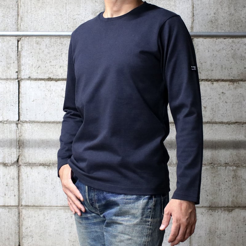 HOFI-023R オーガニック超長綿 タック襟長袖Tシャツ：撚り杢ネイビー