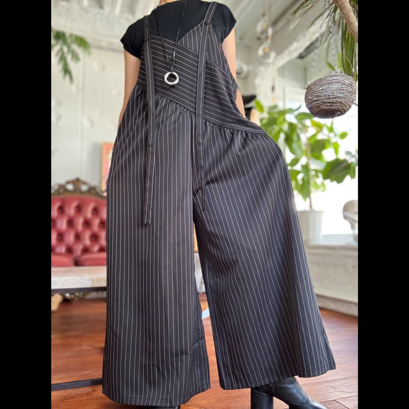 ストライプワイドパンツサスペンダー Black | mamaguitar