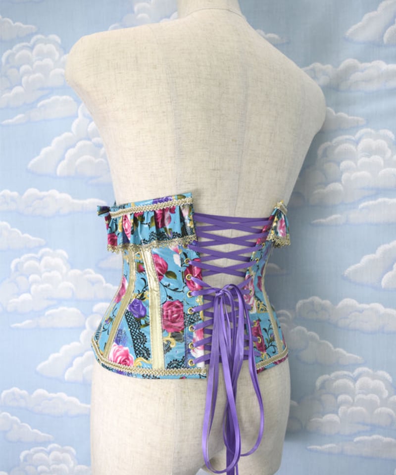 kki.2083 サックスブルーのロココローズリボンウエストコルセット