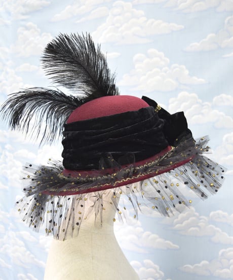 kki.2106　水玉チュールとボーンハンドのおリボンHAT。＜ワインレッド＞