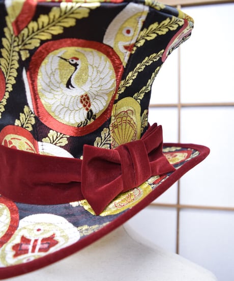 kki.2571　【KIMONO Custom】鶴の帯生地グラモフォンシルクハット。