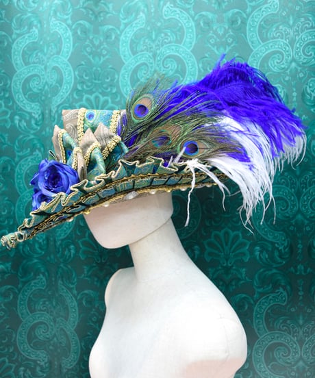 kki.2592　青薔薇と孔雀のフリルブリムHAT。