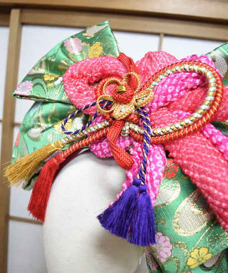 kki.2569　【KIMONO Custom】緑の帯とちりめんおリボンカチューシャヘッドドレス。