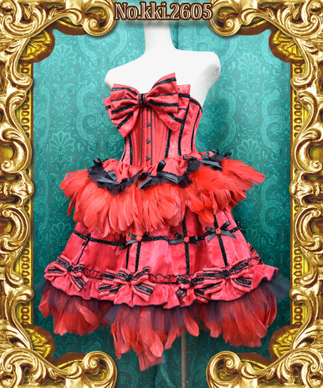 kki.2605　赤と黒の薔薇と羽根のコルセット　クリノリン風スカートSet。