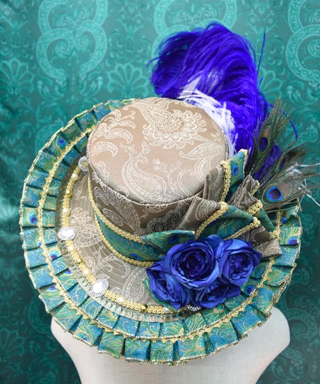 kki.2592　青薔薇と孔雀のフリルブリムHAT。