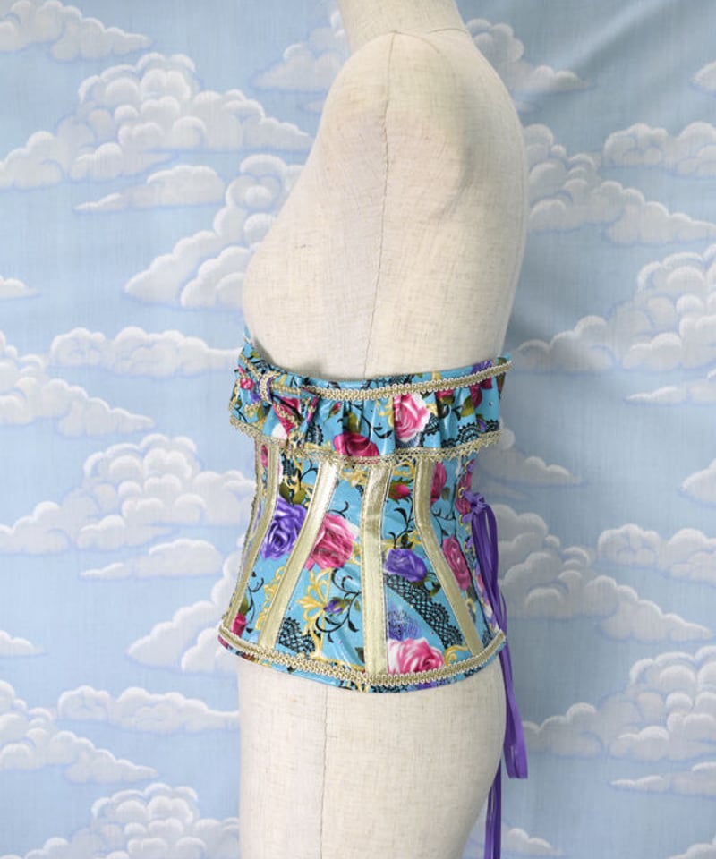 青い花柄コルセット kki.2083 サックスブルーのロココローズリボンウエストコルセット