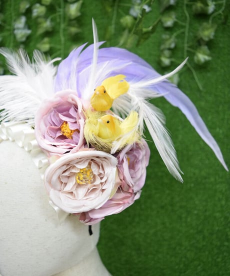 kki.2366　 カナリアと薔薇のリボンカクテルカチューシャ。