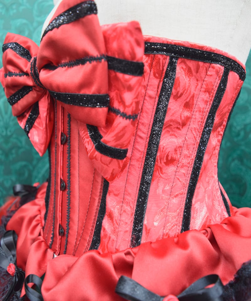 kki.2605 赤と黒の薔薇と羽根のコルセット クリノリン風スカートSet