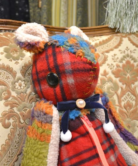 kki.2624　ボアとフリースのタータンチェックのくまちゃんぬいぐるみポシェットBAG。