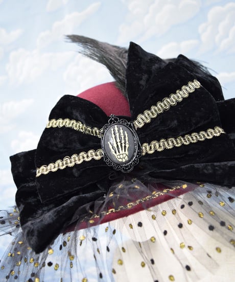 kki.2106　水玉チュールとボーンハンドのおリボンHAT。＜ワインレッド＞