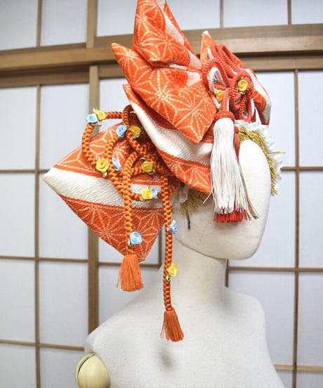kki.2568　【KIMONO Custom】オレンジのちりめん帯おリボンカチューシャヘッドドレス。