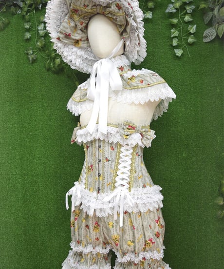 kki.2309　Pritty Cat Doll ボンネット、コルセット、ドロワーズ、フリルケープ、4点Set。