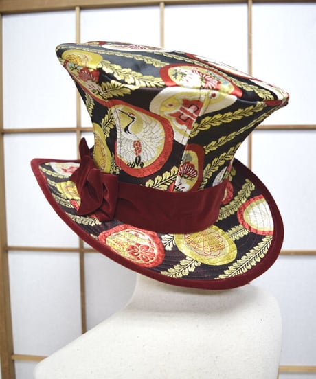 kki.2571　【KIMONO Custom】鶴の帯生地グラモフォンシルクハット。