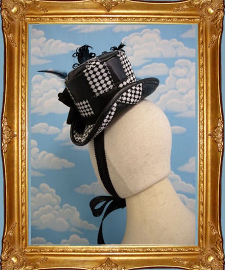 kki.1387　　ダイアチェックとネズミのパッチワークミニシルクHAT 。