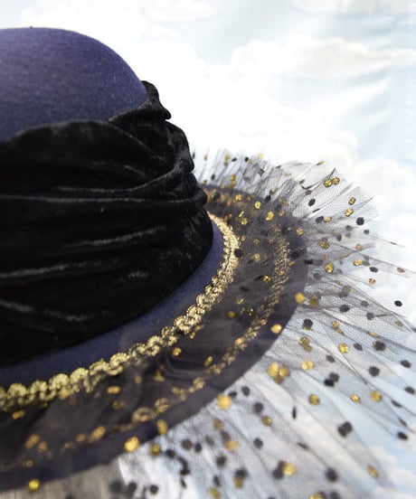 kki.2107　水玉チュールとボーンハンドのおリボンHAT。＜ネイビー＞