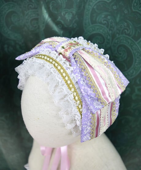 kki.2491　小花柄。ラベンダーとピンクのリボンウエストコルセット/ドロワーズ、カクテルSet。