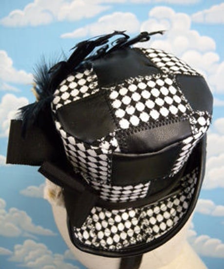 kki.1387　　ダイアチェックとネズミのパッチワークミニシルクHAT 。