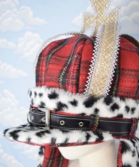 kki.2045　タータンチェッククラウンパイロットCAP。＜レッド＞