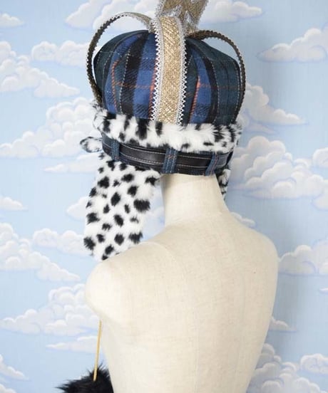 kki.2046　タータンチェッククラウンパイロットCAP。＜ブルー＞