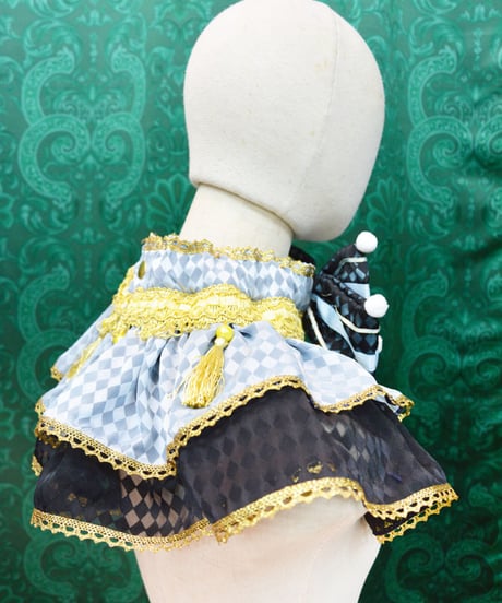 kki.2706　ダイヤチェクのポンポンリボンタッセルネックフリル。＜サックス/ブラック＞