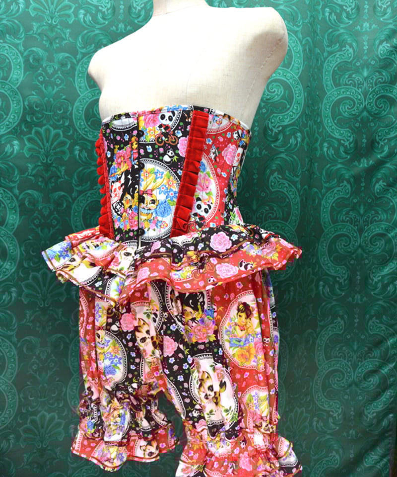 kki.2661 レトロチャイナフリルウエストコルセット。ドロワーズSet