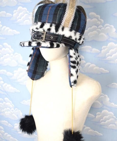 kki.2046　タータンチェッククラウンパイロットCAP。＜ブルー＞